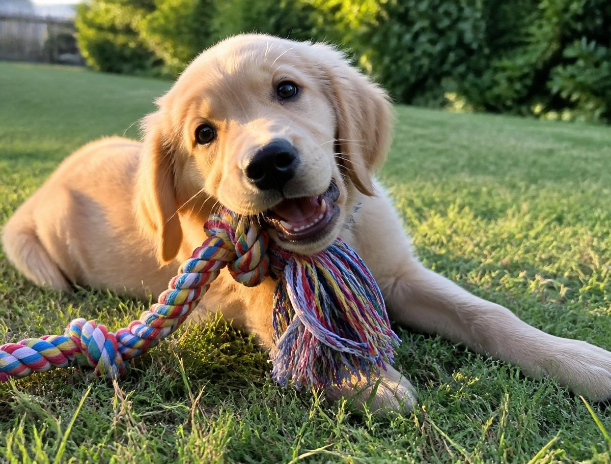 A golden puppy chewing on an orange rubber bone in soft afternoon light